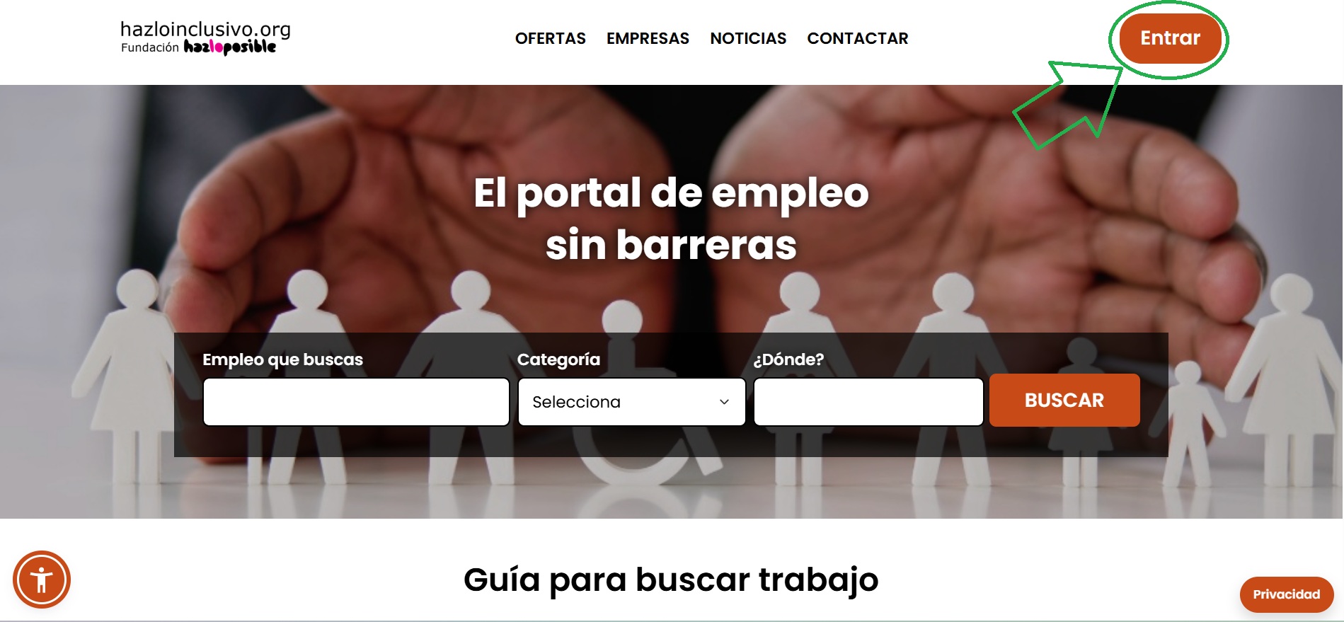 P&aacute;gina de Hazloinclusivo con la opci&oacute;n Entrar en la parte superior.