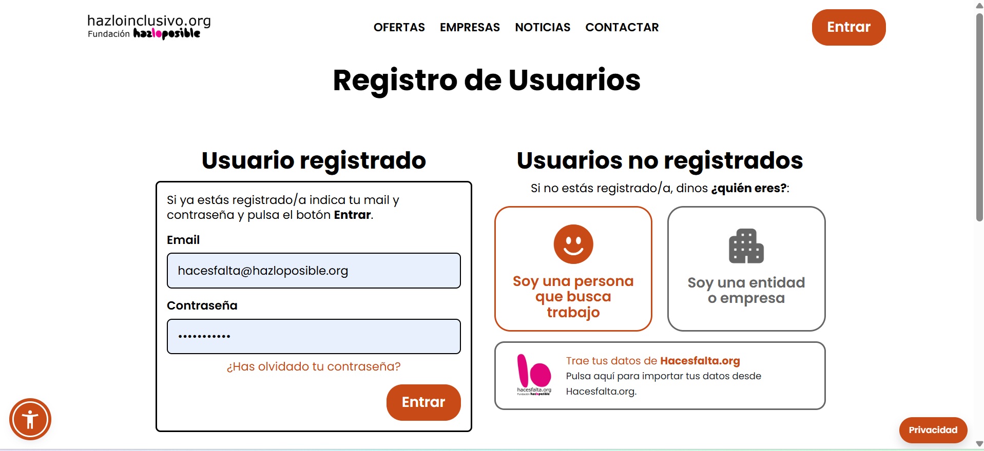 Pantalla de acceso a Hazloinclusivo con opciones para iniciar sesi&oacute;n, crear una cuenta nueva o trasladar los datos desde Hacesfalta.org.
