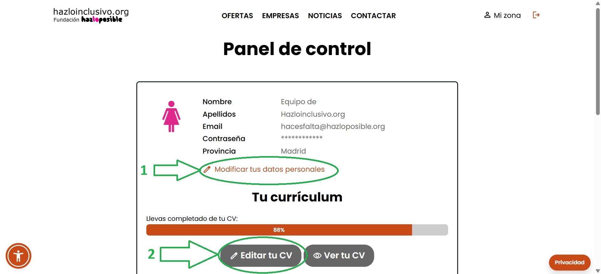 Pantallas de edici&oacute;n del perfil. El apartado 1 contiene los datos obligatorios y el apartado 2 permite a&ntilde;adir la formaci&oacute;n, la experiencia, las necesidades de adaptaci&oacute;n y el curr&iacute;culum.