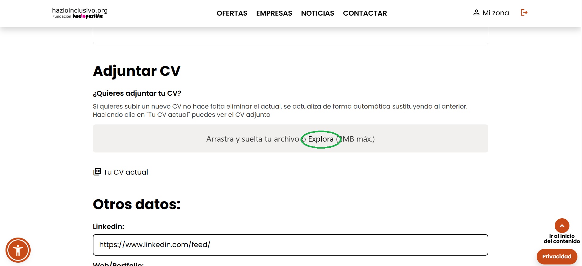 Secci&oacute;n del perfil que permite arrastrar un curr&iacute;culum o seleccionarlo mediante la opci&oacute;n Explorar. En la parte inferior aparece el apartado Tu CV actual.