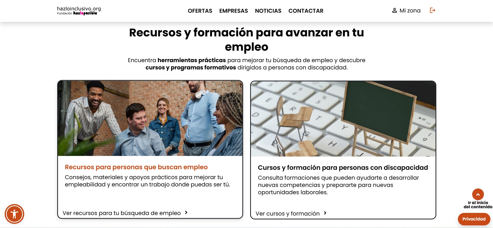 P&aacute;gina principal de Hazloinclusivo con la opci&oacute;n Ofertas en el men&uacute; superior y los espacios de recursos para la b&uacute;squeda de empleo y recursos formativos.